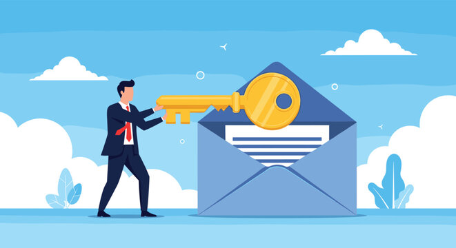 Businessman using a giant gold key to unlock a large blue envelope containing a message for a new business opportunity.