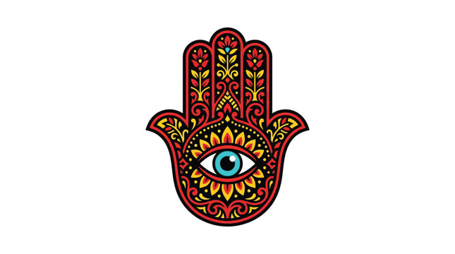 Vibrant hamsa hand vector illustration featuring intricate floral patterns and a central protective blue eye