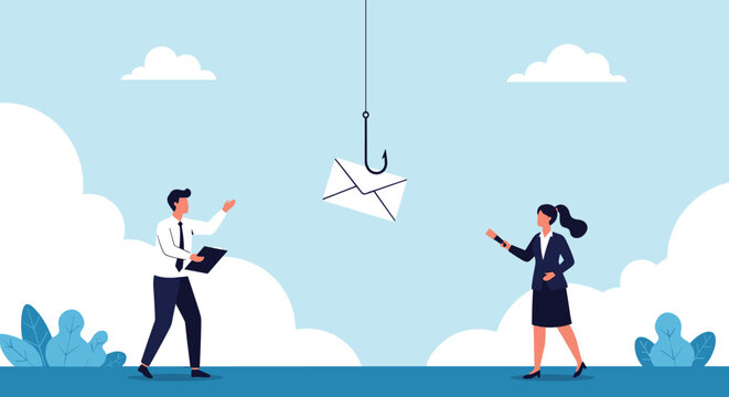 Two business professionals carefully observing a white envelope hanging from a fishing hook in the sky as a phishing metaphor.