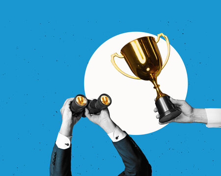 Hands holding binoculars, looking towards to a golden, successful trophy., isolated against a flat-design background. Business success search concept with copy space.