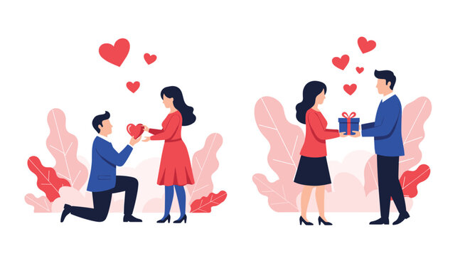 Romance and celebration scenes showing a man proposing to a woman and another couple exchanging a gift box with hearts.