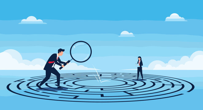 Businessman using a large magnifying glass to search for a woman standing at the center of a complex circular maze.