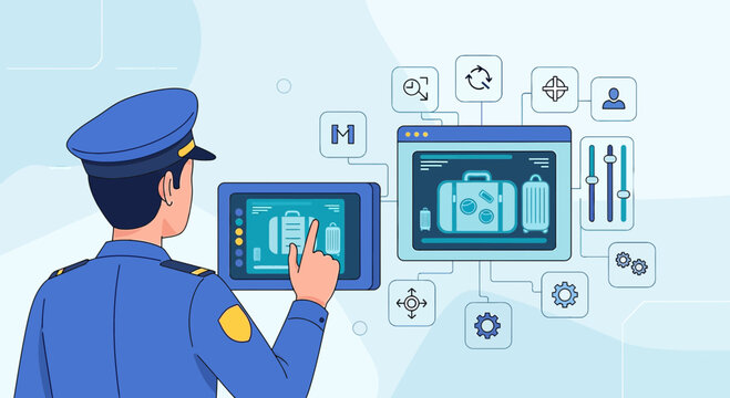 Airport Security Officer Using Digital Scan System for Luggage
