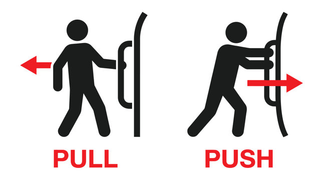 Minimalist vector illustration showing two black human figures demonstrating proper push and pull door actions