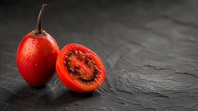 Fresh organic red tamarillo fruit whole and sliced showing seed patterns on dark stone background. Perfect for tropical fruit catalogs healthy smoothie blogs and exotic food recipes.