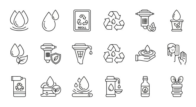 A collection of line icons illustrating water purification, recycling, and environmental conservation concepts, featuring water drops, filters, and eco-friendly symbols.