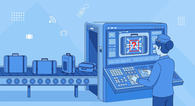 Airport Security Scan: Luggage on Conveyor Belt, Operator at X-Ray Machine