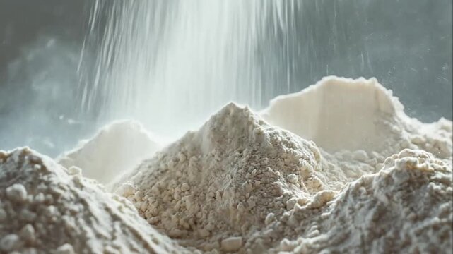 Fine white wheat flour falling onto a textured pile against a dark background with dramatic soft lighting