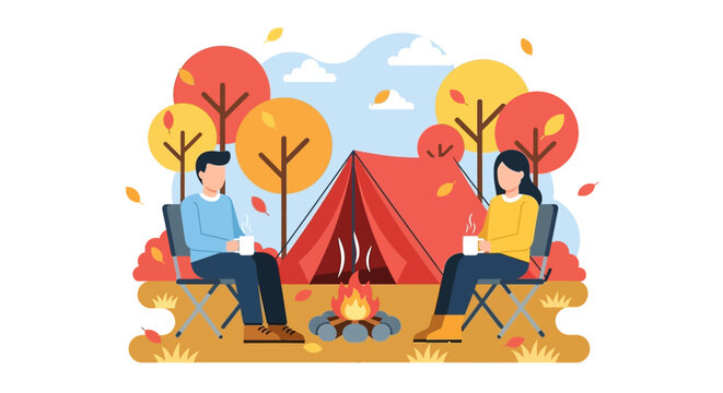 Couple Camping in Autumn, Sitting by Campfire Near Tent, Enjoying Fall Season