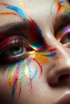 Primo piano di trucco artistico vibrante con spruzzi di vernice e glitter