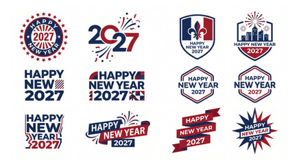 Collection of happy new year 2027 festive badges and decorative typography with fleur de lis celebration greeting fireworks cityscape creative template typography insignia calendar © Shaon