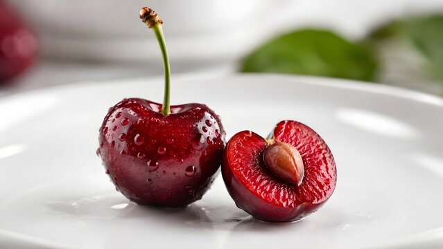 Fresh organic sweet red cherry whole and cut in half showing pit on white ceramic plate close up. Perfect for summer dessert recipes cherry juice ads and agricultural promotions.