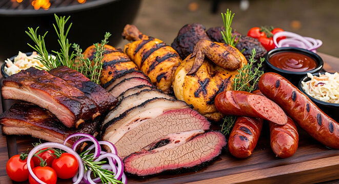 Barbecue platter displays grilled meats, spicy sausages, and fresh vegetables on a wooden cutting board.