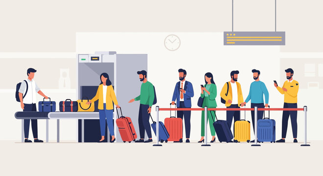 Airport Security Checkpoint Queue with Travelers and Luggage