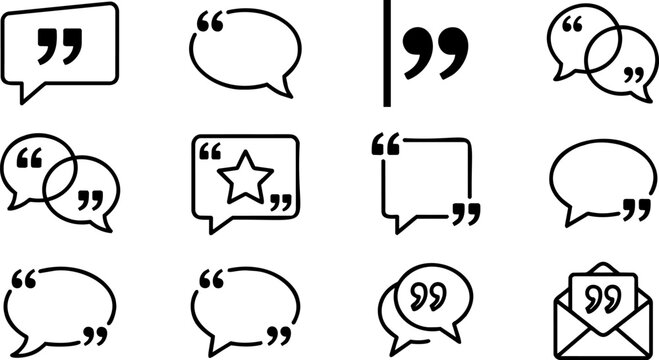 Testimonial, quote mark and speech bubble icon set, customer feedback line art vector collection