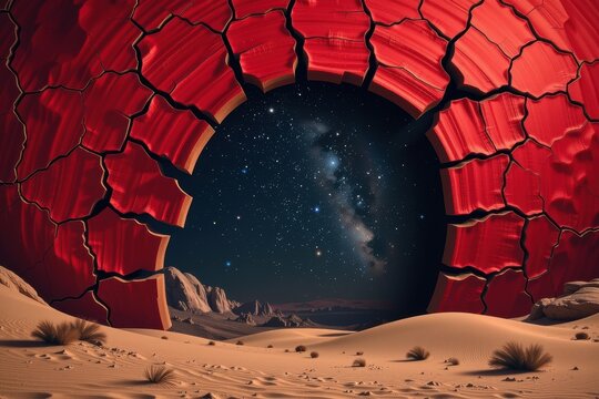 Broken red earth frames a starry cosmos