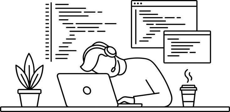 Tired programmer sleeping on laptop with code on screen and coffee