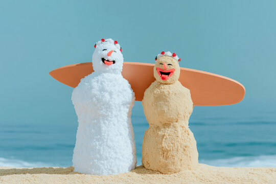 Two snowman and sandman figures posing with a surfboard on a sunny beach for tropical winter holidays, travel advertising and seasonal creative concepts with copy space