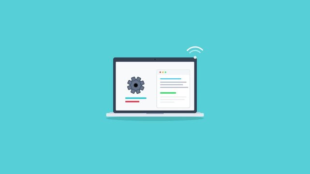 Minimalist flat animation of a laptop displaying a gear icon and web interface with a wireless internet signal on a clean blue background.
