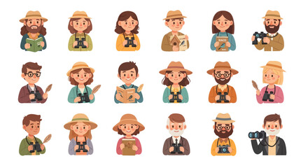 Fototapeta premium Flat Vector Illustration Set of Diverse People Avatars for Nature Exploration, Birdwatching, and Outdoor Hobbies