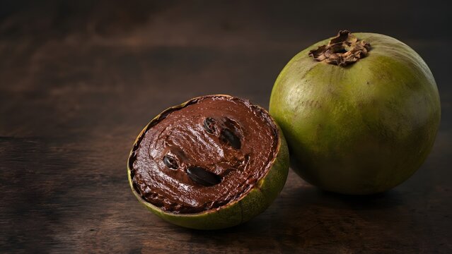 Exotic food photography of a whole black sapote and a cut half revealing dark chocolatey pulp. Perfect for tropical fruit websites, vegan blogs, and unusual food exploration articles.