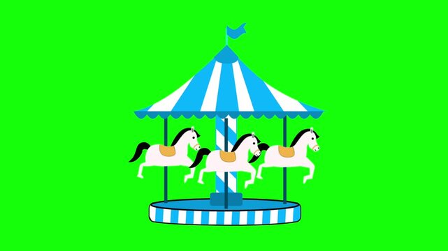 blue and white striped carousel with cartoon horses on solid green background.