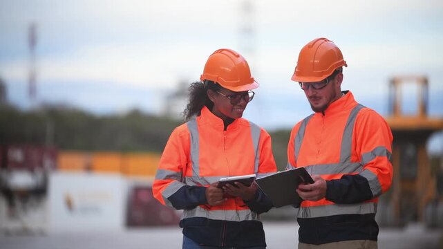 Engineers railway team wearing safety uniform under conversation document on hand inspection survey container boxes railway work station is industry transportation cargo import export concept.	