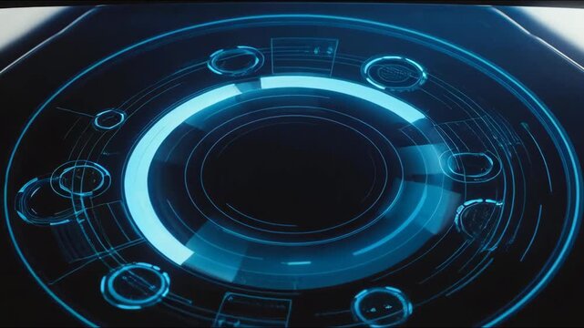 Blue circular HUD elements in a digital sci fi style on a dark background, concept of technology and innovation
