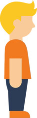 Simple cartoon boy with blonde hair and orange shirt, standing profile view, flat design © Mutoher