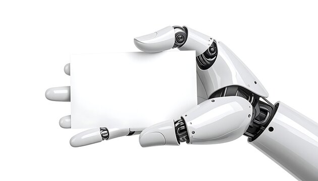 Futuristic robotic hand holding a blank white card for copy space and messages isolated on white background