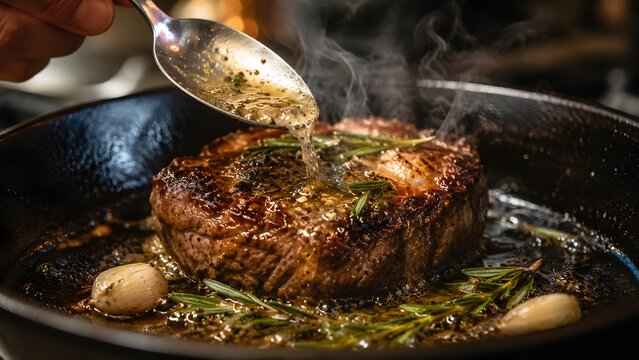Steaming hot close up photo of a ribeye beef steak being basted with butter and rosemary in a cast iron skillet. Great for restaurant menus, cooking blogs, and food magazine covers.