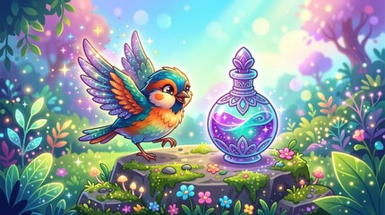 Fototapeta premium Cute Magical Bird with Sparkling Wings Near Fantasy Potion Bottle