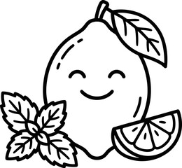 Cute Kawaii Lemon Character with Mint Leaves and Slice © rahmad