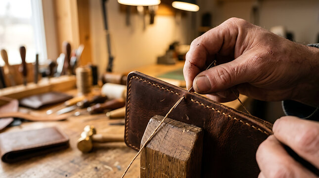Close up of artisan hands stitching brown leather wallet using traditional tools in a rustic workshop environment