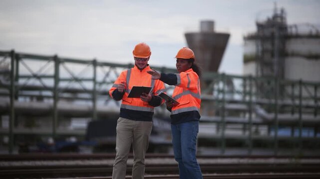 Engineers railway team wearing safety uniform under conversation document on hand inspection survey container boxes railway work station is industry transportation cargo import export concept.	