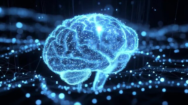 Glowing brain shown in luminous holographic style on a dark background, concept of intelligence and connectivity