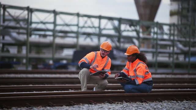 Engineers railway team wearing safety uniform under conversation document on hand inspection survey container boxes railway work station is industry transportation cargo import export concept.	