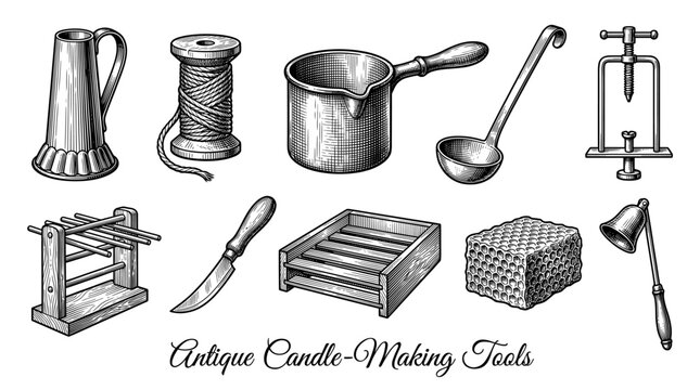 Antique Candle-Making Tools Collection Vintage Engraving Style Vector Illustration of Traditional Craft Equipment and Beeswax Crafting Elements