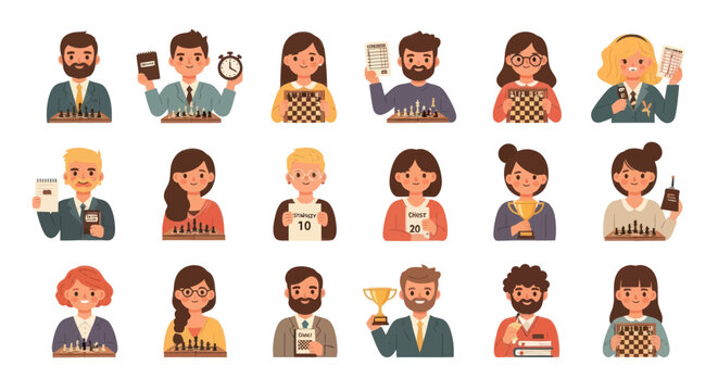 Diverse people playing chess, flat vector characters, illustration