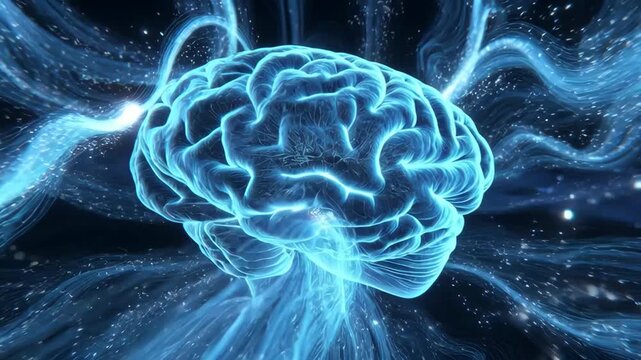 Glowing brain with luminous energy strands in abstract style on dark cosmic background, concept of intelligence and creativity