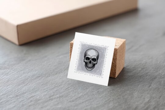 a skull on a small square paper stamp box