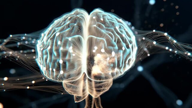 Glowing brain with interconnected neural lines in futuristic style on dark background, concept of intelligence and technology