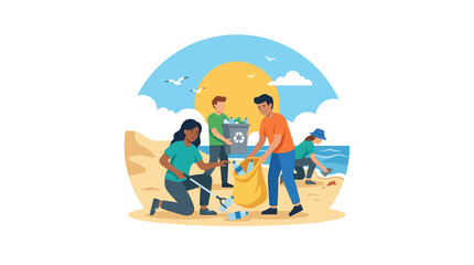 Obraz premium Volunteers cleaning beach, environmental protection, recycling, community action