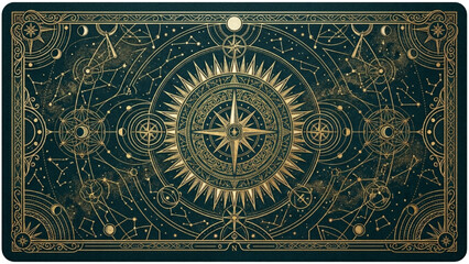 Naklejka premium Celestial Compass Tarot Card Back with Sacred Geometry Navigation Design