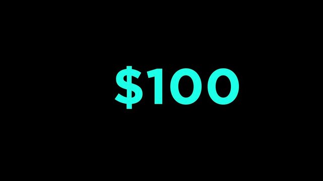 0 To 200 dollar icon countdown animation on black background.Zero dollar to two hundred dollar countdown,Dollar countdown icon.