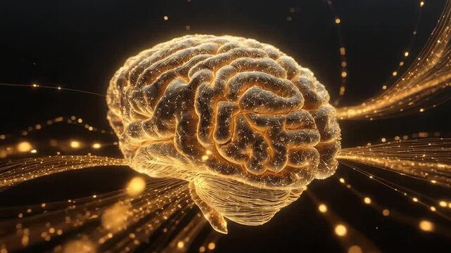 Golden glowing brain form in abstract style on dark backdrop, symbolizing intelligence and neural concepts