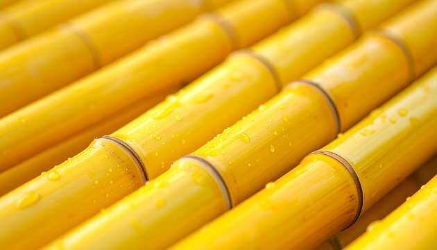 Close up of bright yellow bamboo stalks arranged horizontally