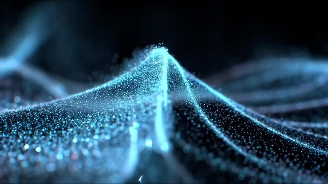 Abstract flowing blue particles forming wave shapes in soft digital style on dark background, concept of motion and energy