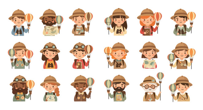 Cute Cartoon Adventure Explorer Characters with Hot Air Balloons Flat Vector Illustration Set