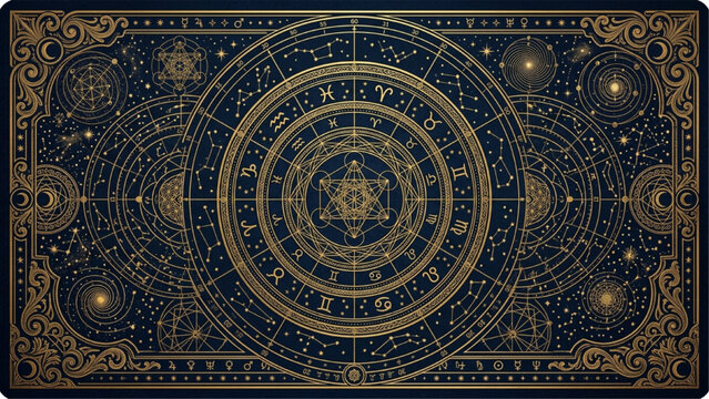 Luxury Celestial Tarot Card Back with Sacred Geometry and Zodiac Wheel